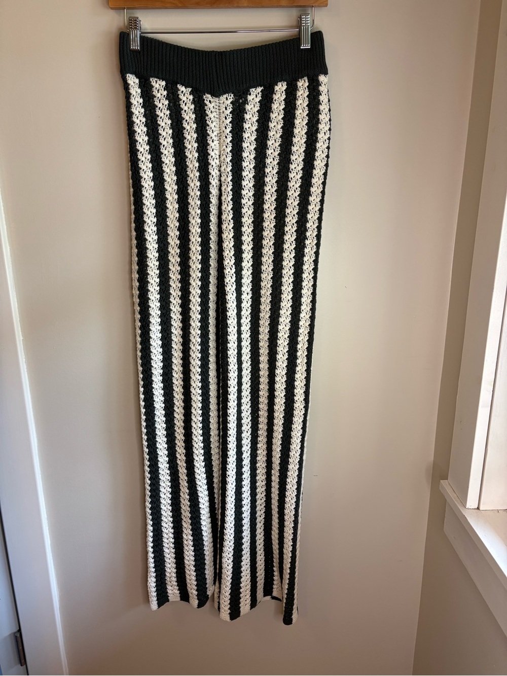 Olive Green and White Striped Crochet Pants